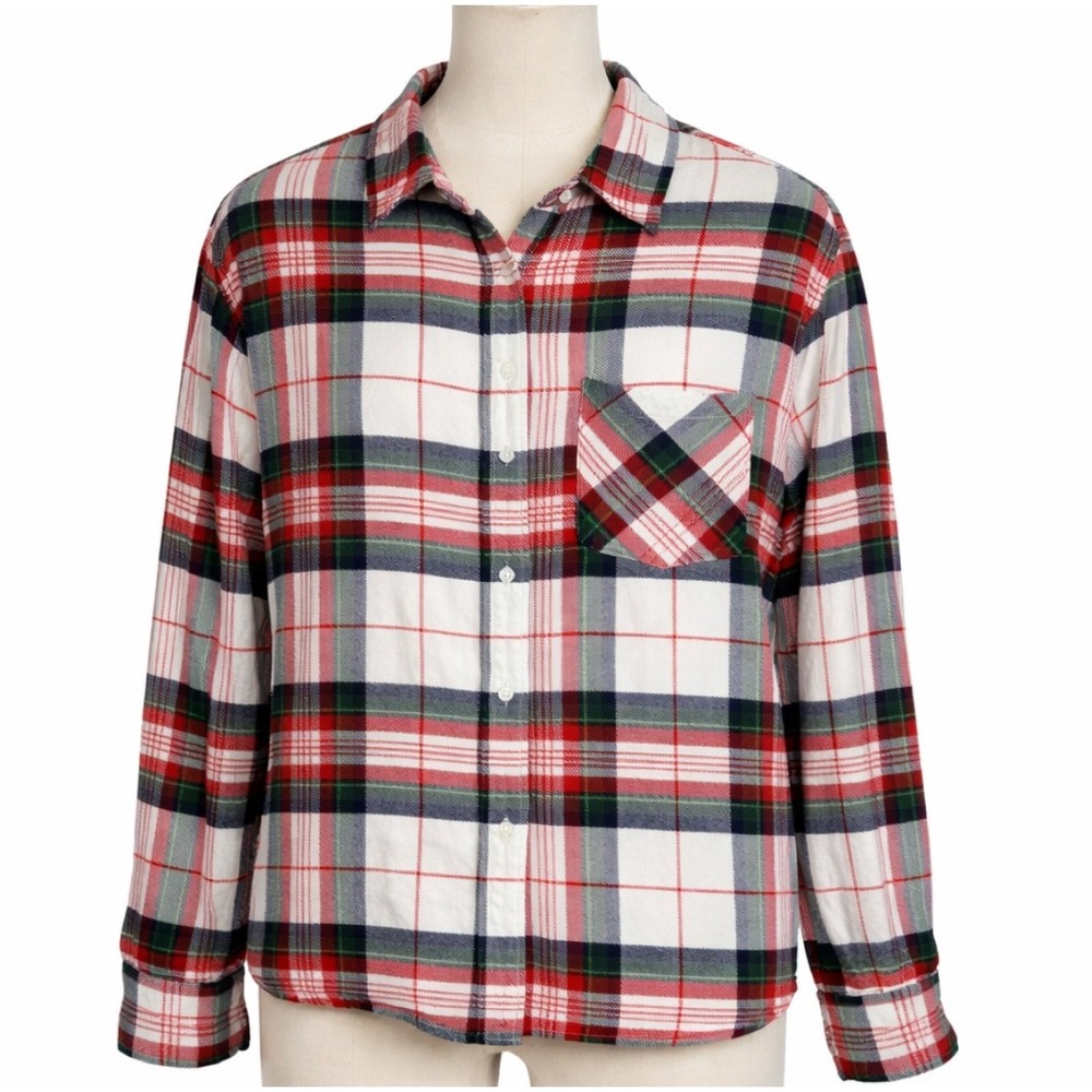 Aerie Womens Plaid Flannel Button Up Shirt Long Sleeve Red Green White Size‎ S